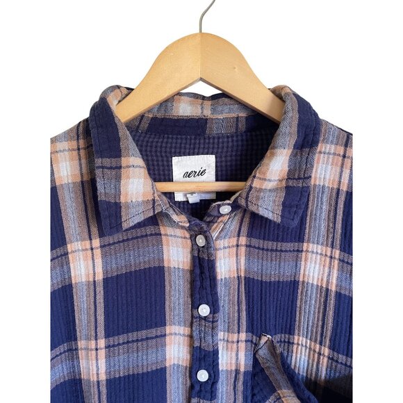 AERIE XXL BLue White Plaid Button Up Collared Shirt Oversized Brushed Cotton - Picture 4 of 8